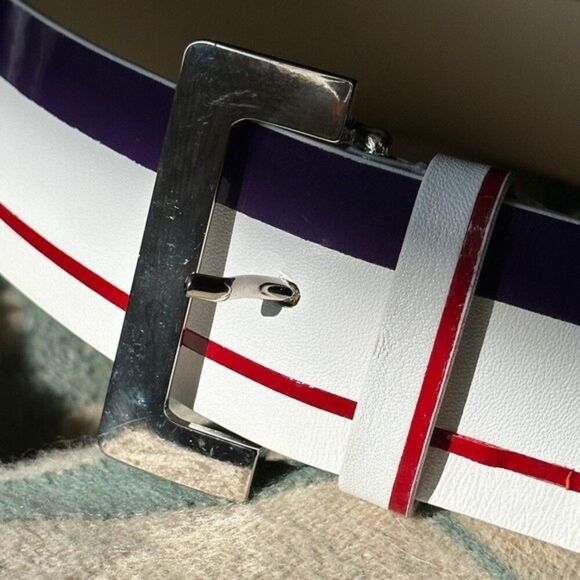 Worth New York Leather Belt Made in Italy White with Purple Red Stripes 2” Small main image 8
